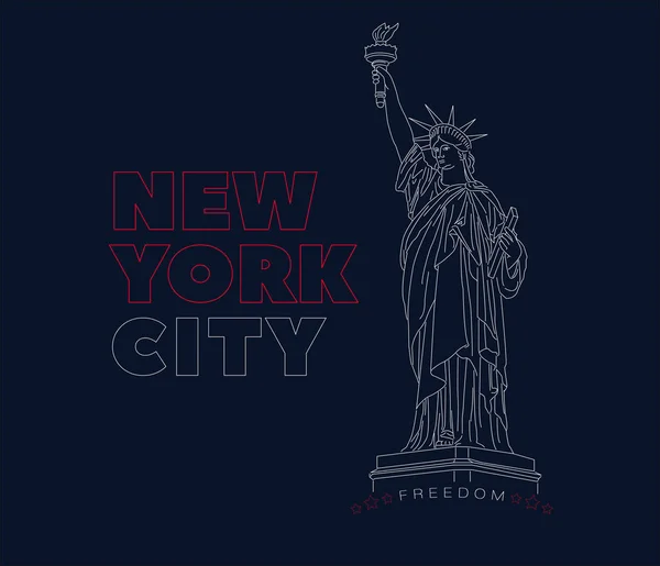 New York City menguraikan teks dengan ilustrasi rinci dari Patung Liberty - Stok Vektor