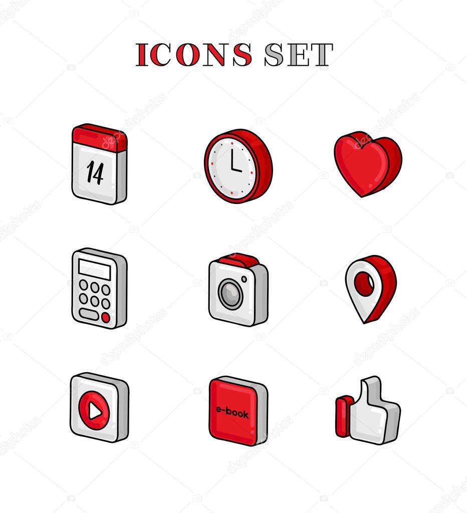 Set of digital icons, outline colored illustration of different icons
