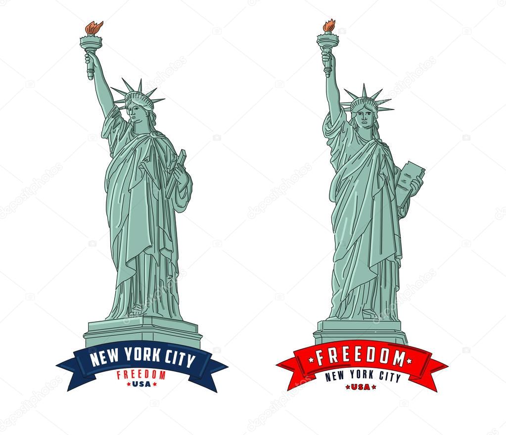 Detailed outline illustrations of a Statue of Liberty in New York