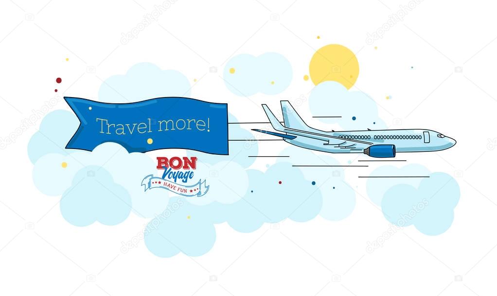 Artistic outline colored illustration with plane and banner