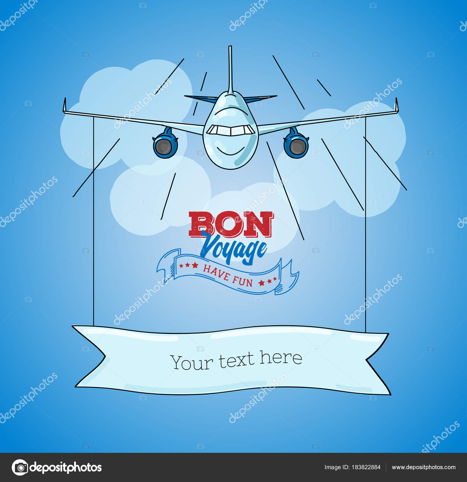 Card template with plane graphic illustration on blue sky backgr Regarding Bon Voyage Card Template