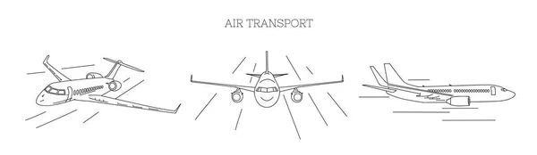 Ilustrasi transportasi udara dari tiga pesawat dari pandangan yang berbeda - Stok Vektor
