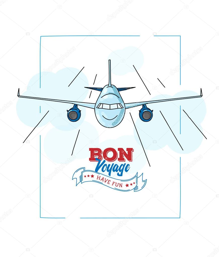 Outlined colored illustration of plane in the sky with text bon 