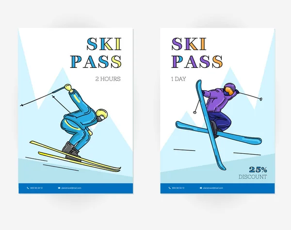 Modelos de passe de esqui com ilustração de esquiador em movimento truque —  Vetores de Stock