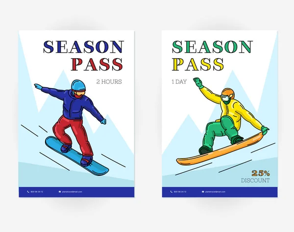 Modèle pour forfait d'ascenseur de saison avec illustration de snowboarder — Image vectorielle