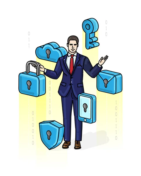 Ilustração do empresário cercado por ícones de segurança — Vetor de Stock