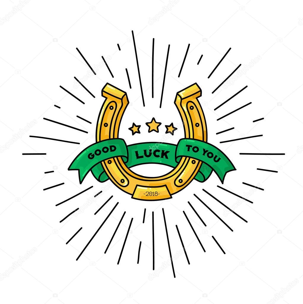 Good luck symbol, horseshoe vector illustration golden with green ribbon around it with lettering, outline color graphic logotype