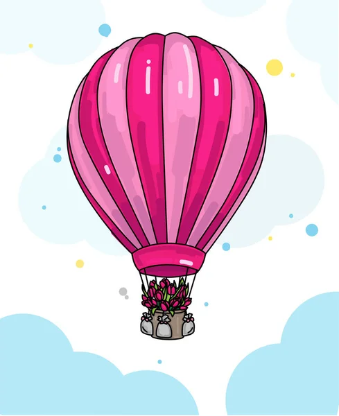Vzduch balón ilustrace s květinami v košíku — Stockový vektor