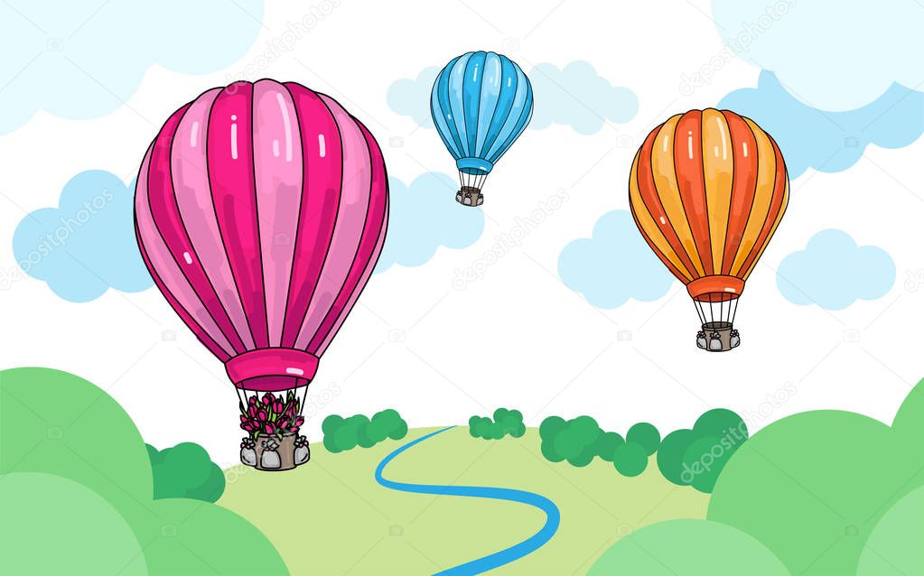 Colorful cartoon illustration of air hot balloons over the lands