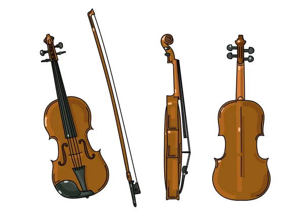 Geige in verschiedenen Blickwinkeln, vorne, seitlich und hinten — Stockvektor