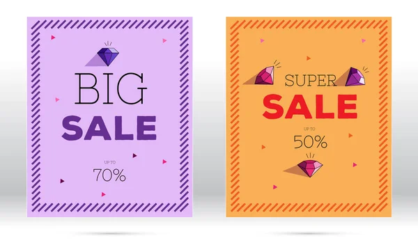 Advertising sale flyers with big typography and diamonds — Stock Vector