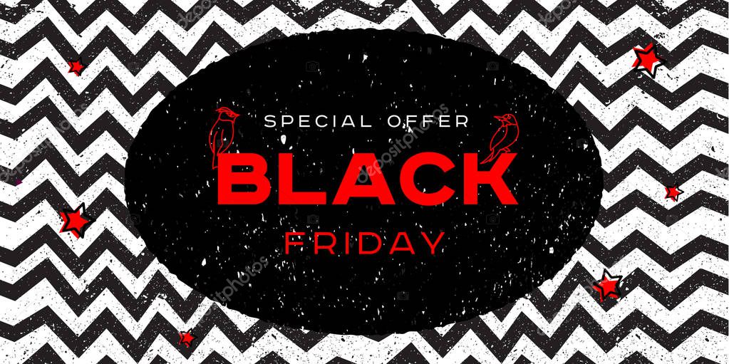 Coll geometric poster for black friday sale with zig zag pattern on background and label with typography