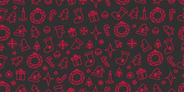 Vektor Frohe Weihnachten nahtloses Muster mit Line Doodle Icons. Christbaumkugeln und -kugeln, Süßigkeiten, Zuckerstangen, Sterne, Kerzenleuchter und Schneeflocken, Glocken und Kranz, Weihnachtsmütze und Socken — Stockvektor