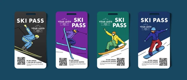 Conjunto de tarjetas de forfait, admisión para ascensor a las pistas de montaña con ilustraciones coloridas de esquiador y snowboarder con código qr — Vector de stock