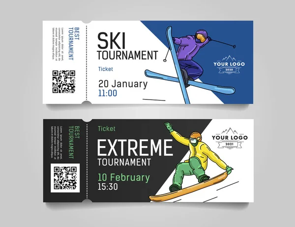 Bilhetes de admissão para torneio de esportes de inverno extremo ou convite para competição com ilustrações de esquiador e snowboarder —  Vetores de Stock