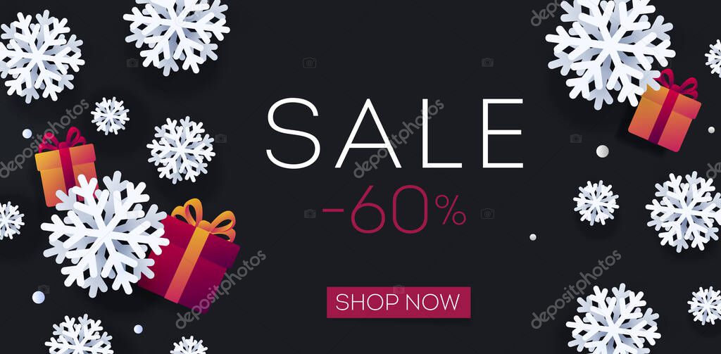 winter Sale Christmas poster with white realistic 3d snowflakes and gift boxes on black backdrop, digital banner with shop now button