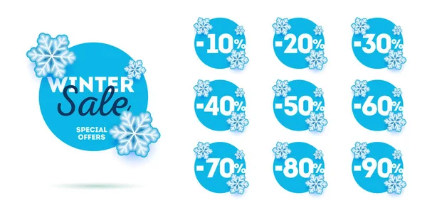 Set van winter verkoop promo tags met kortingen tot 90 procent, blauw ijs cirkels met sneeuwvlokken eromheen — Stockvector