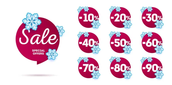 Conjunto de etiquetas promocionais venda de inverno com descontos de até 90 por cento, bolha de fala vermelha e círculos com flocos de neve em torno dele — Vetor de Stock