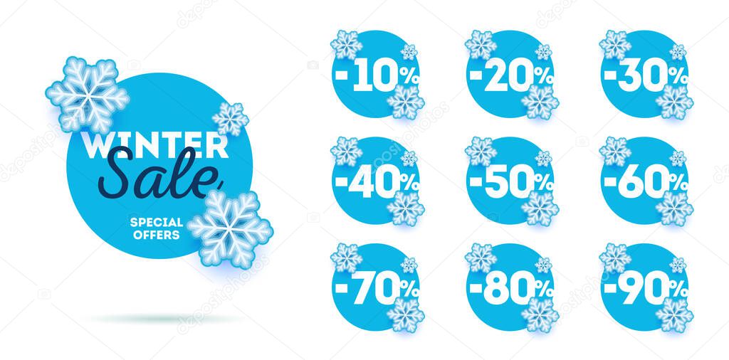 Set of winter sale promo tags with discounts up to 90 percent, blue ice circles with snowflakes around it