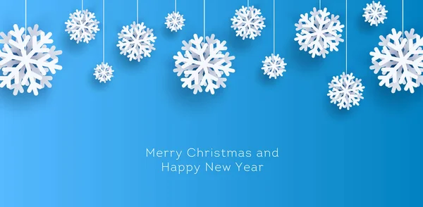 새해와 크리스마스 포스터, 줄 위에 하얀 종이 장식 눈이 걸려 있는 모습 — 스톡 벡터