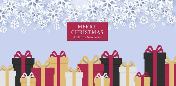 Natal dan Tahun Baru poster penghijauan dengan kotak hadiah di bagian bawah dan kepingan salju di bagian atas - Stok Vektor