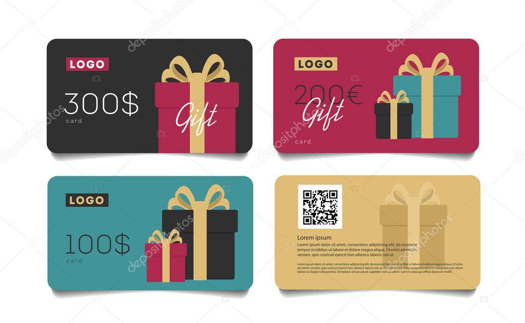 Gift card template with monetary award and gift boxes illustration. Special offer for the customer.