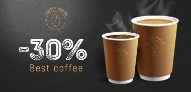 İndirimli tipografi, iki cappuccino ve amerikan kahve fincanı resimli Kafe posteri.