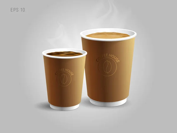 Illustraties van twee papieren koffiekopjes bij cappuccino en espresso of americano, realistische 3D grafische — Stockvector