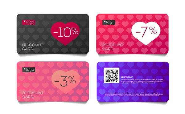 Conjunto de tarjetas de descuento para la promoción del Día de San Valentín con patrón simple corazón y venta por ciento en forma de corazón, vales, otros materiales impresos y web . — Vector de stock