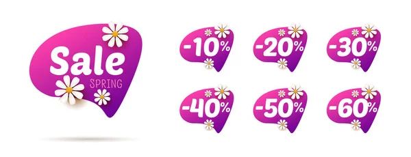 Set of spring summer season promo tags, labels with key advertising design element in a form of a speech bubble and percent discounts with daisy flowers decor — Stock Vector