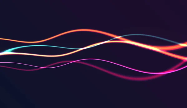 Abstract background with horizontal glowing neon lines forming energy wave — Stok Vektör