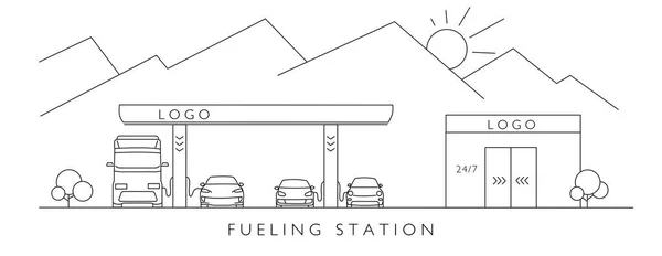 Distributore di benzina con piccolo negozio sul percorso di viaggio con montagne, con diverse auto e altri veicoli, grafica lineare — Vettoriale Stock