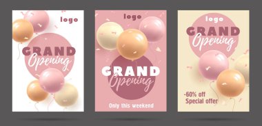 Mağazanın ya da etkinliğin indirimli büyük açılış daveti için posterler, yuvarlak balonlar 3d vektör illüstrasyonu ve tipografi, pembe kız tarzı nazik