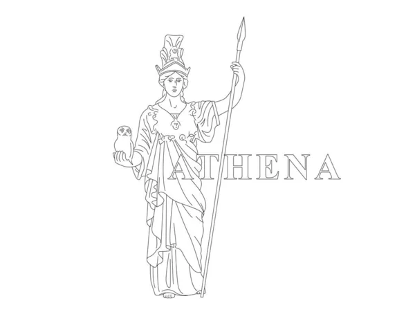 アテナ。理由、知恵、知性、スキル、平和、戦争、戦略、工芸品のギリシャの女神。アンティークテキスト付きの編集可能な線画イラスト — ストックベクタ