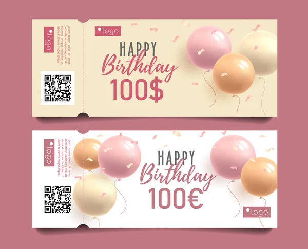 Wszystkiego najlepszego urodziny kartki okolicznościowe zestaw z 3d okrągłych balonów i nagrody pieniężnej, dziewczęcy różowy styl uroczystości bilety na imprezę z oderwaną częścią — Wektor stockowy