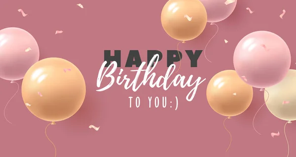 Affiche de joyeux anniversaire ou carte de vœux, illustration vectorielle avec des ballons de couleurs pastel de forme ronde, félicitations de style girlish douce avec typographie manuscrite sur fond rose — Image vectorielle