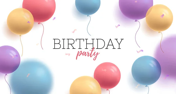 Φόντο με πολύχρωμα στρογγυλά μπαλόνια αέρα σχήμα blured σε πρώτο πλάνο και κομφετί, γιορτή διασκέδαση χαρούμενα γενέθλια κόμμα αφίσα πρόσκληση — Διανυσματικό Αρχείο