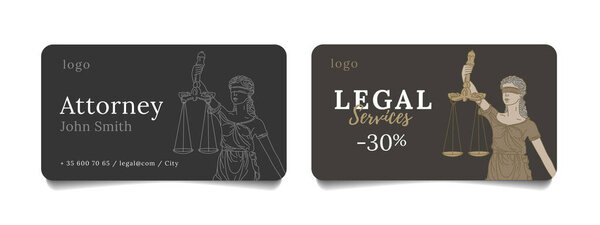Bussiness cards for law firm or attorney with line illustration of blind goddess of justice Femida with scales, corporate style element