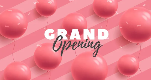 Grand opening poster with pink round shaped balloons on pink srtiped background with confetti, trendy modern 3d graphic with typography — Stock Vector