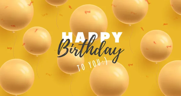 Herzlichen Glückwunsch zum Geburtstag Poster mit hellen 3d runden Luftballons und Kalligrafie-Gruß, gelber Grafik auf gelbem Hintergrund, trendiges modernes Bannervorlagen-Layout-Konzept — Stockvektor