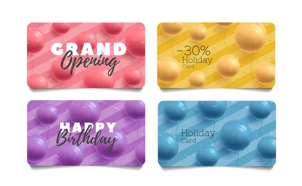 Conjunto de tarjetas de descuento para la gran apertura y feliz tarjeta de cumpleaños, globos de forma redonda 3d vector de ilustración y tipografía, fondo de color de moda — Vector de stock