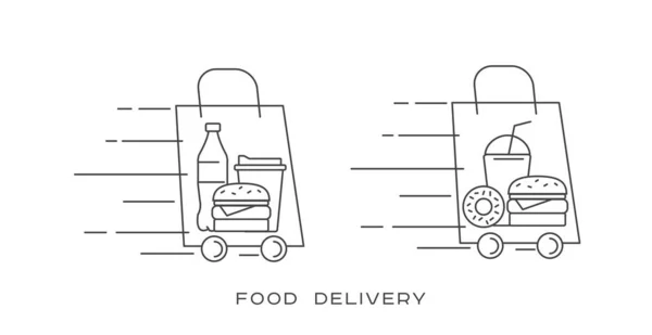 Ilustrasi baris pengiriman makanan diatur dengan makanan cepat saji untuk makan siang atau sarapan di dalam tas belanja atau pasar, ikon linear dengan teks yang diambil - Stok Vektor