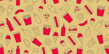 Fast food ve içecek ambalaj kağıdıyla kusursuz desen. Hardal sarısı renkte, aksan kırmızısı.