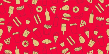 Fast food ve içeceklerle kusursuz desenli kırmızı ve hardal sarısı renkli ambalaj kağıtları.