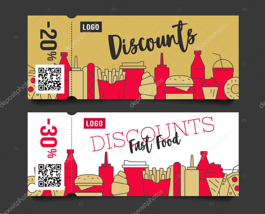 Discount voucher layout design for fast food restaurant or delivery service with trendy line icon illustrations of food and drinks forming city on the bottom of the card, with torn off part and qr code place