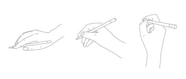 Set of sketch line illustrations of hand holding pen and writing or drawing in three different gesture positions, isolated clipart