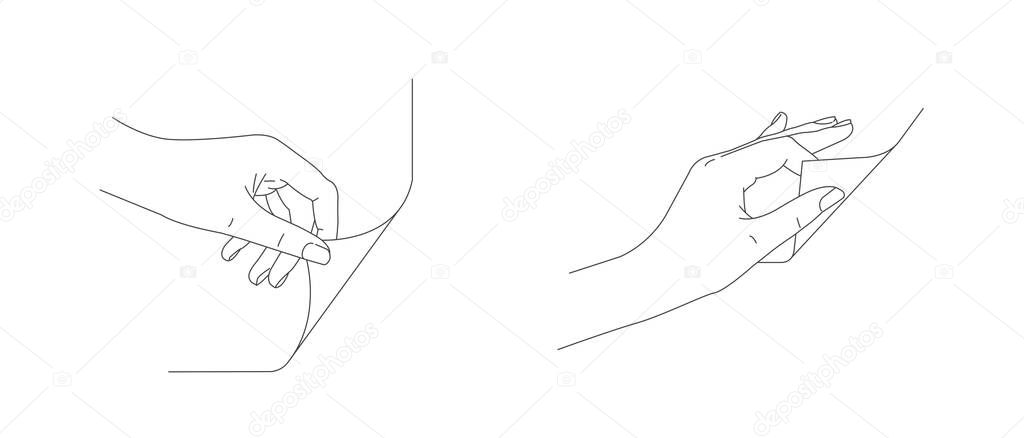 Hand turn or fold the corner of the page, line illustration of homan hands in motion gesture