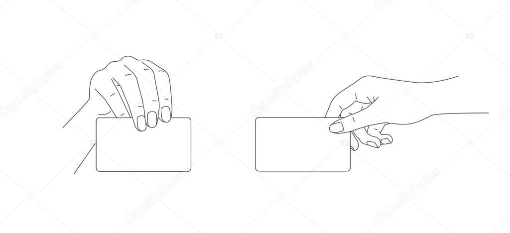 Line illustration of hand holding bussiness card, realistic outline graphic, two hand gestures