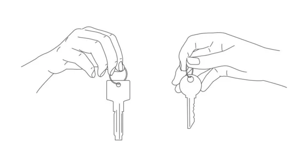 用两个手势表示手握或从房子或汽车上取下钥匙的画线 预示着钥匙的出现 — 图库矢量图片