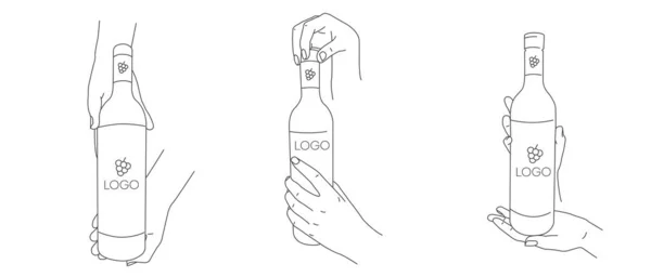Набор Линейных Иллюстраций Руками Держащими Бутылку Вина Официант Подающий Сомелье Векторная Графика